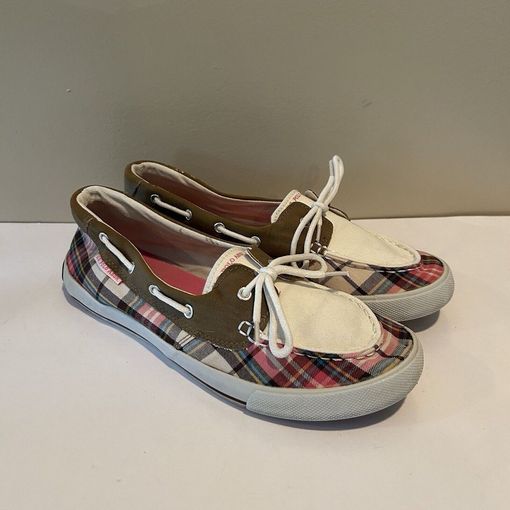 US POLO ASSN WOMEN'S STACY BOAT SHOE‎ PLAID SLIP ON - LACES LOGO SZ 8.5